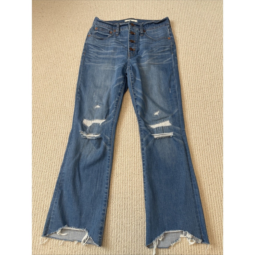 Madewell Womens 27 Cali Demi-Boot Jeans Blue Denim Distressed Button Fly Raw Hem